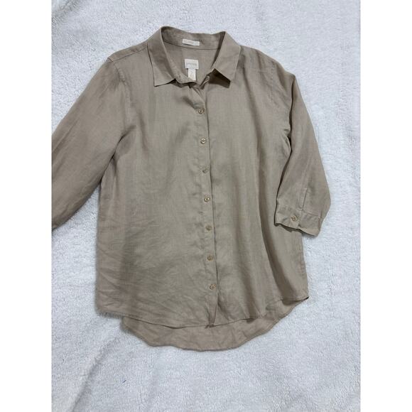 Chico’s Linen Button Front Shirt Size 2 Tan Neutral Collared Long Sleeve Relaxed - Picture 2 of 7